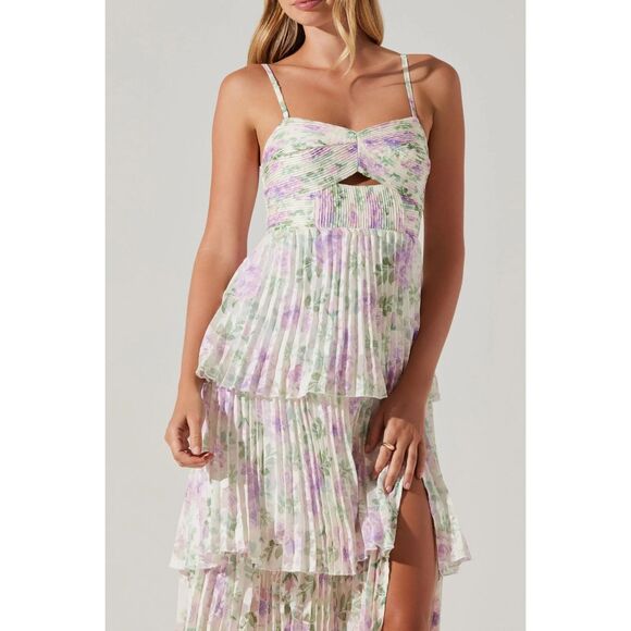 ASTR THE LABEL - EMMI FRONT CUTOUT TIERED DRESS- Purple Floral Mesh size S NWT - Picture 2 of 7